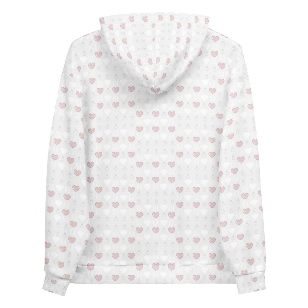 Daemon Frosted Diamonds Blissful Replay unisex hoodie with all-over recycled print, white background and cozy hood.
