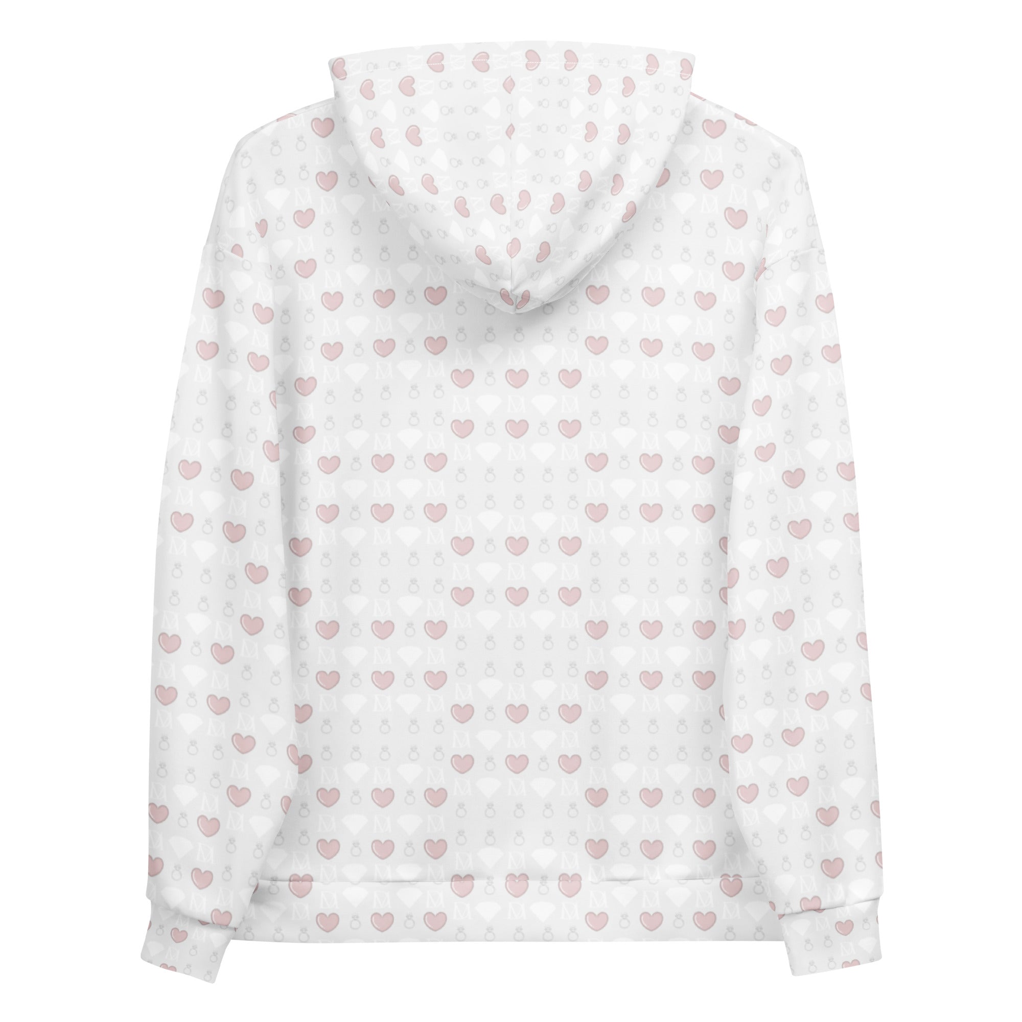 Daemon Frosted Diamonds Blissful Replay unisex hoodie with all-over recycled print, white background and cozy hood.