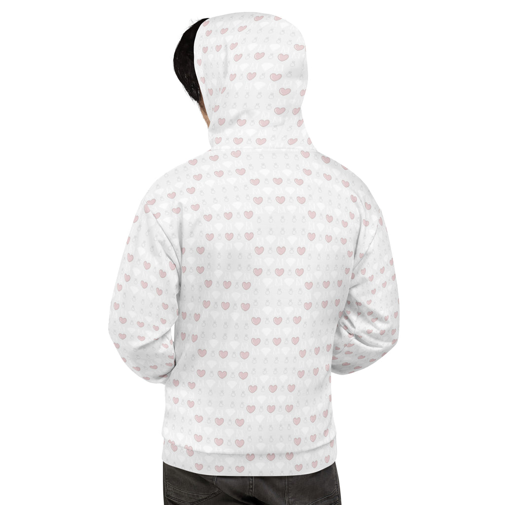 Daemon Frosted Diamonds Blissful Replay unisex hoodie with all-over recycled print and white back design.