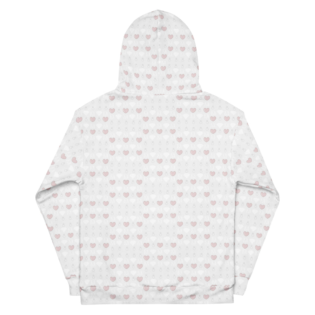 Daemon Frosted Diamonds Blissful Replay hoodie with all-over recycled print and white back, unisex casual sweatshirt.