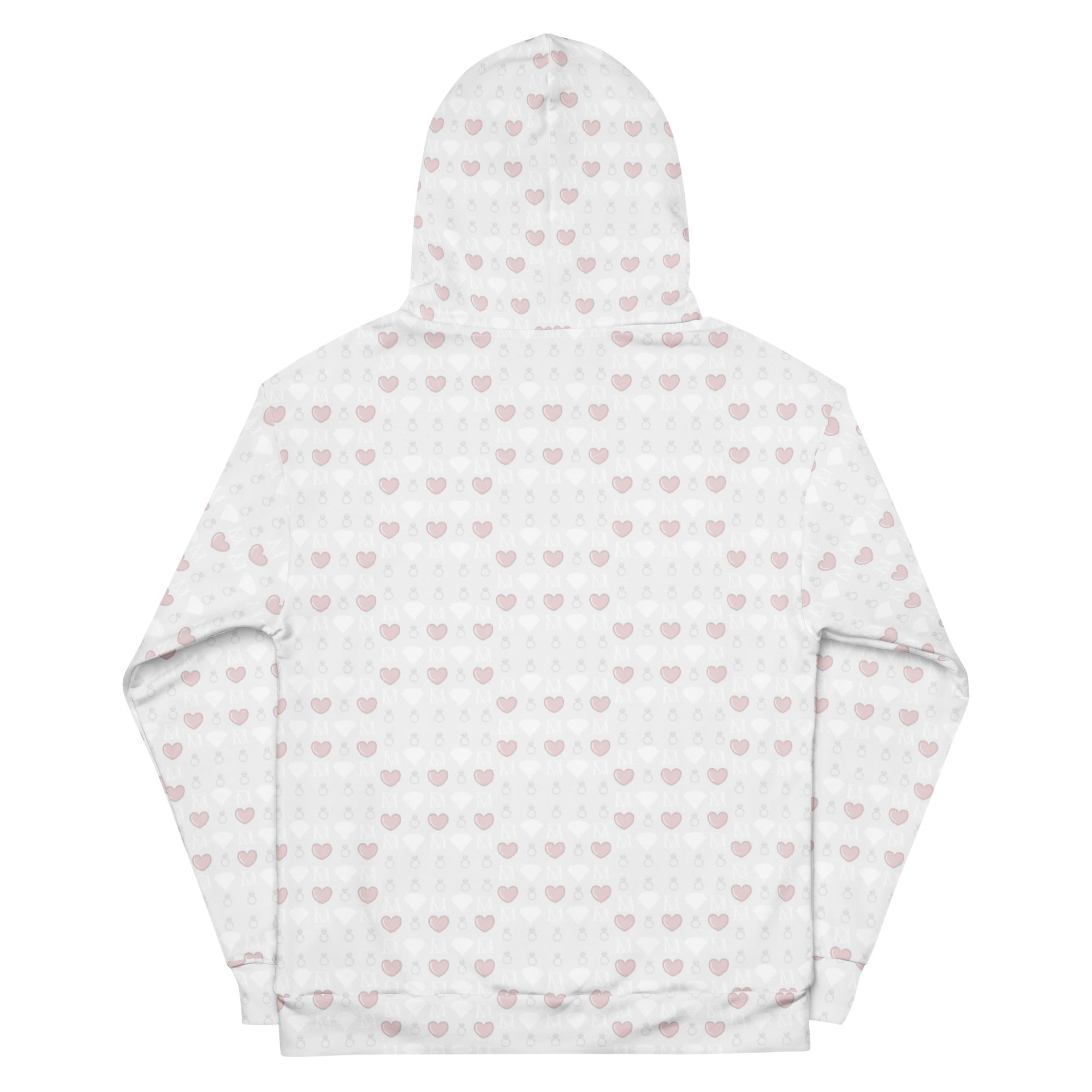 Daemon Frosted Diamonds Blissful Replay hoodie with all-over recycled print and white back, unisex casual sweatshirt.