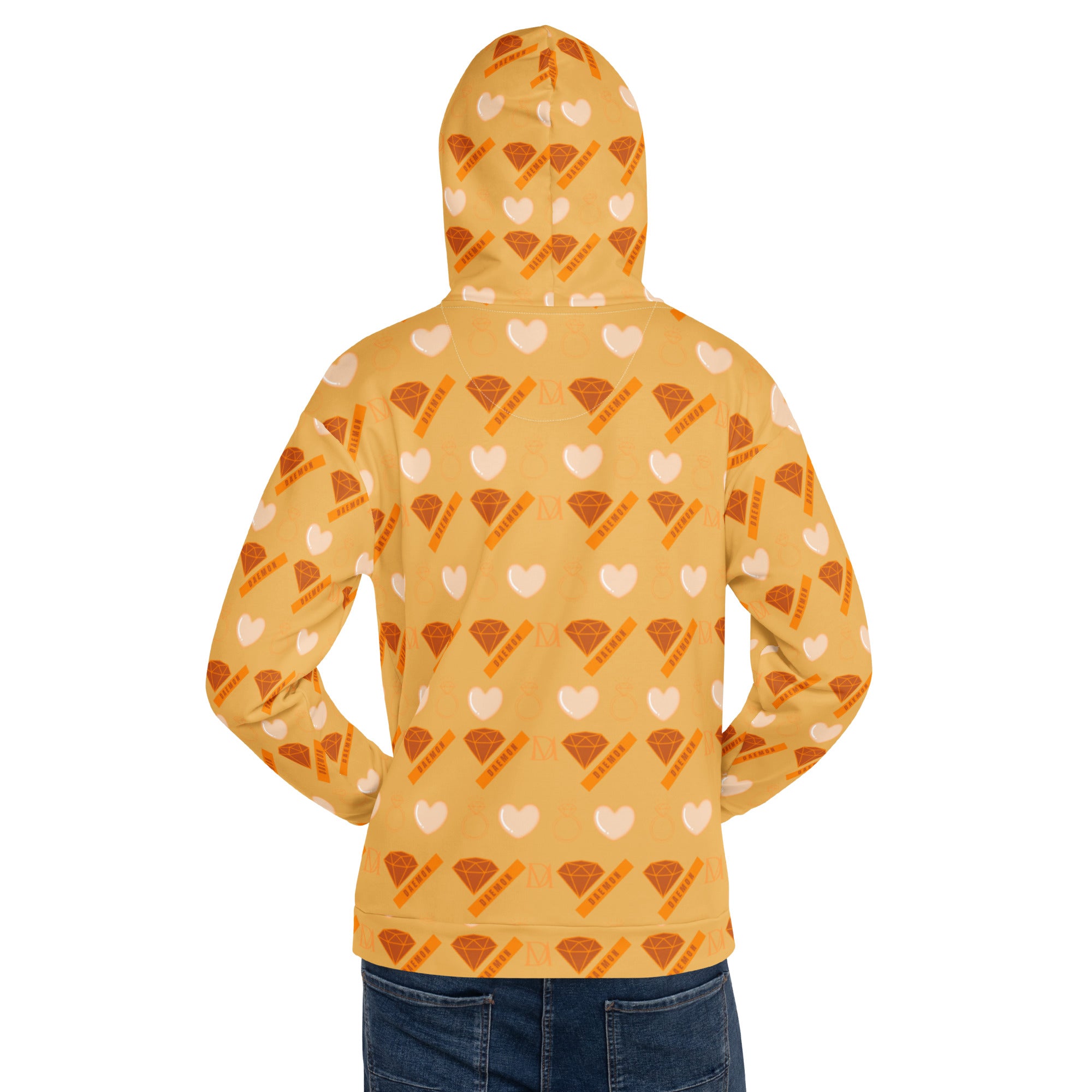 Daemon Gloomy Runner Karamel Karu all-over-print unisex recycled hoodie with white back design