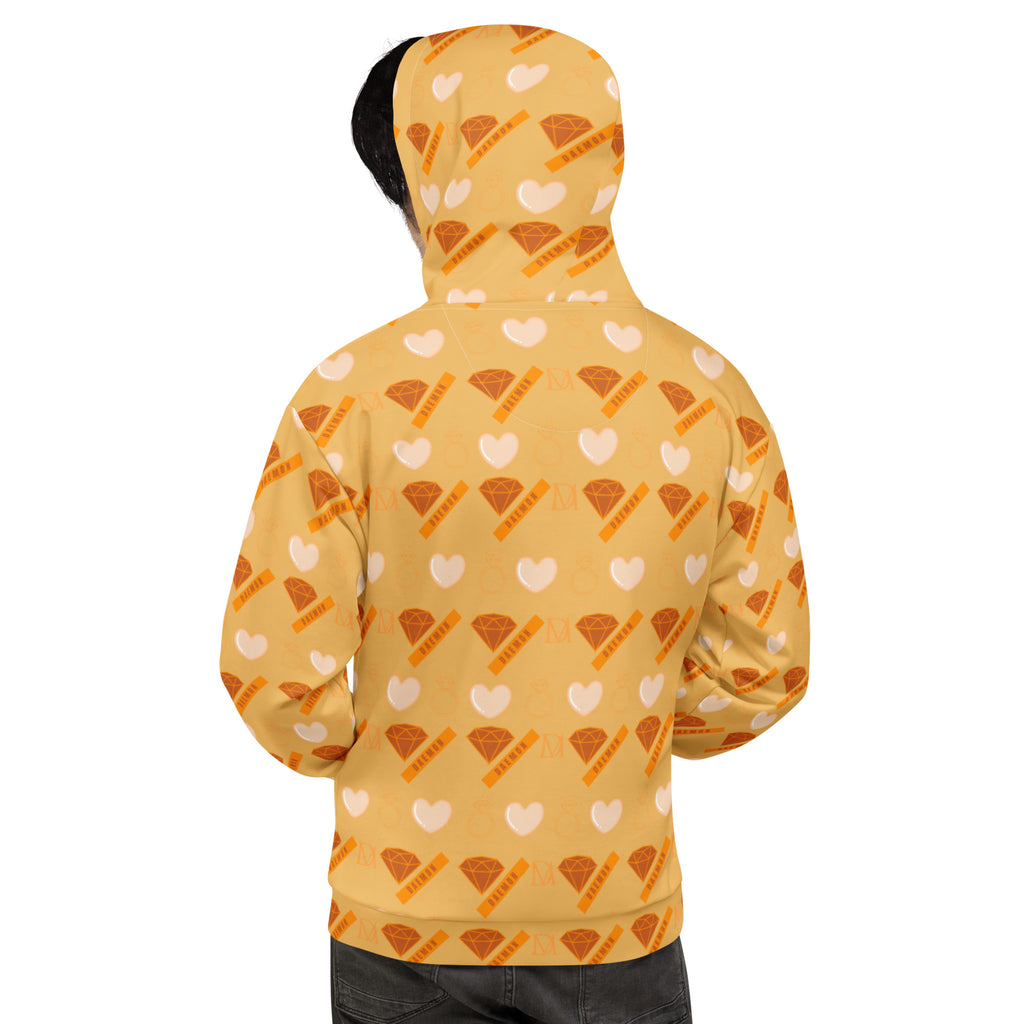 Unisex Daemon Gloomy Runner Karamel Karu hoodie with all-over white recycled print, featuring a front hood and casual style.