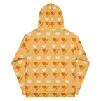 White all-over-print recycled unisex hoodie featuring Gloomy Runner (Karamel Karu) design by Daemon with a back view.