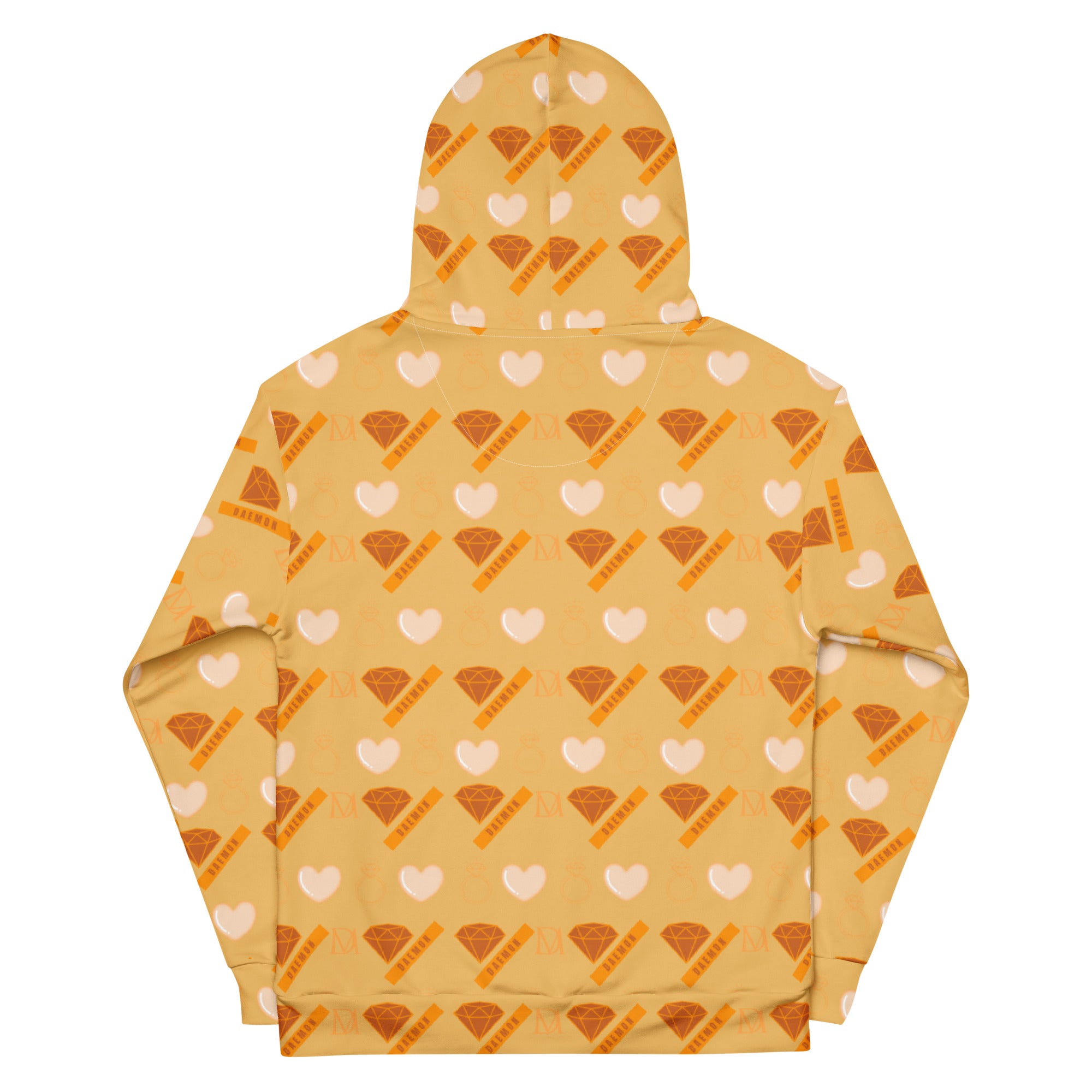 White all-over-print recycled unisex hoodie featuring Gloomy Runner (Karamel Karu) design by Daemon with a back view.