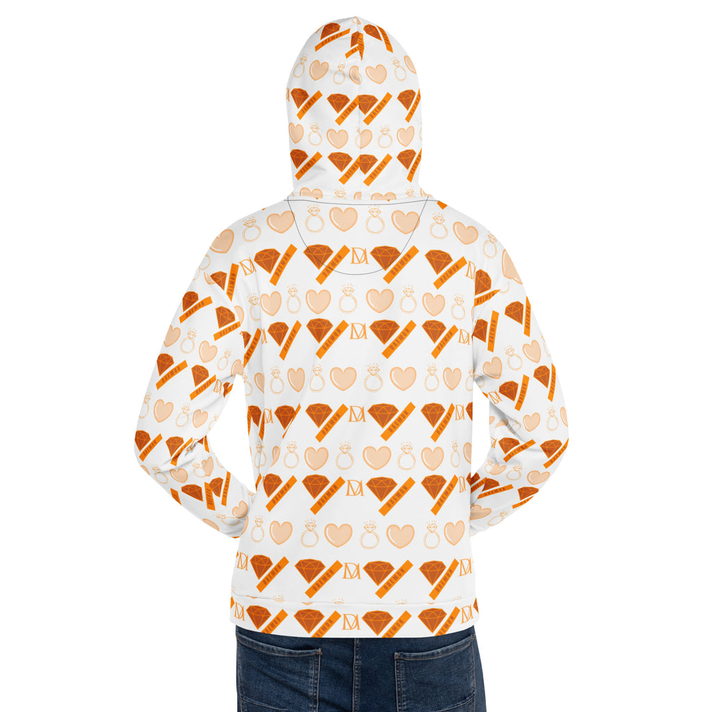White Daemon Gloomy Runner Lunar Mari unisex hoodie with all-over print, featuring a bold, artistic design on the back.