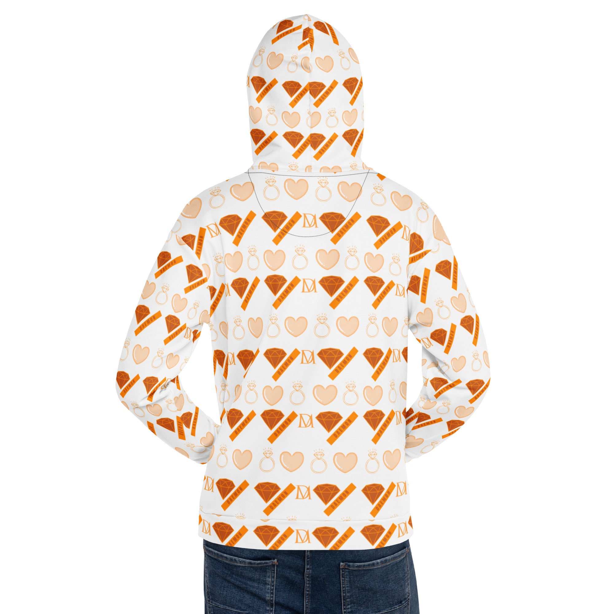 White Daemon Gloomy Runner Lunar Mari unisex hoodie with all-over print, featuring a bold, artistic design on the back.