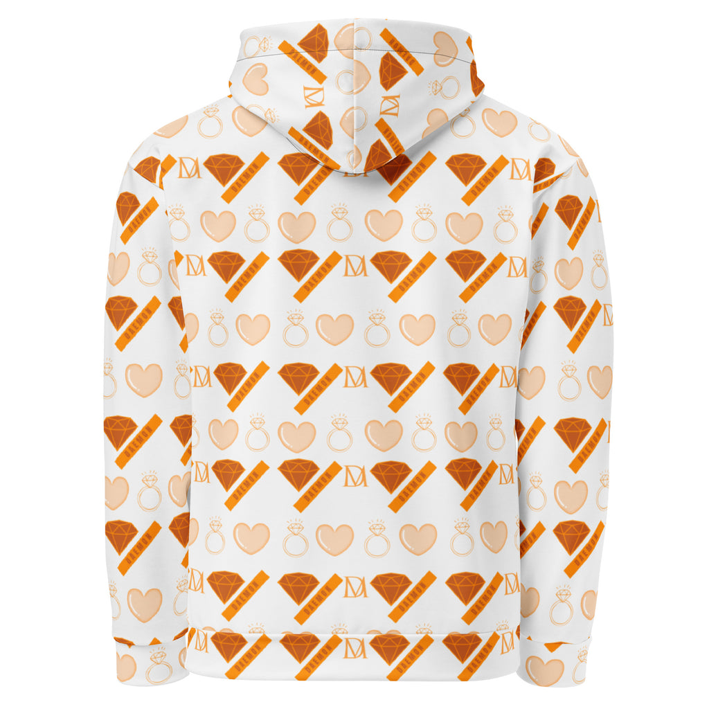 White Daemon Gloomy Runner Lunar Mari unisex hoodie with all-over moon and abstract print, casual and eco-friendly fleece.