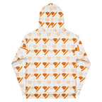 Unisex white hoodie with all-over Gloomy Runner Lunar Mari print by Daemon, featuring a hood and recycled fabric design.