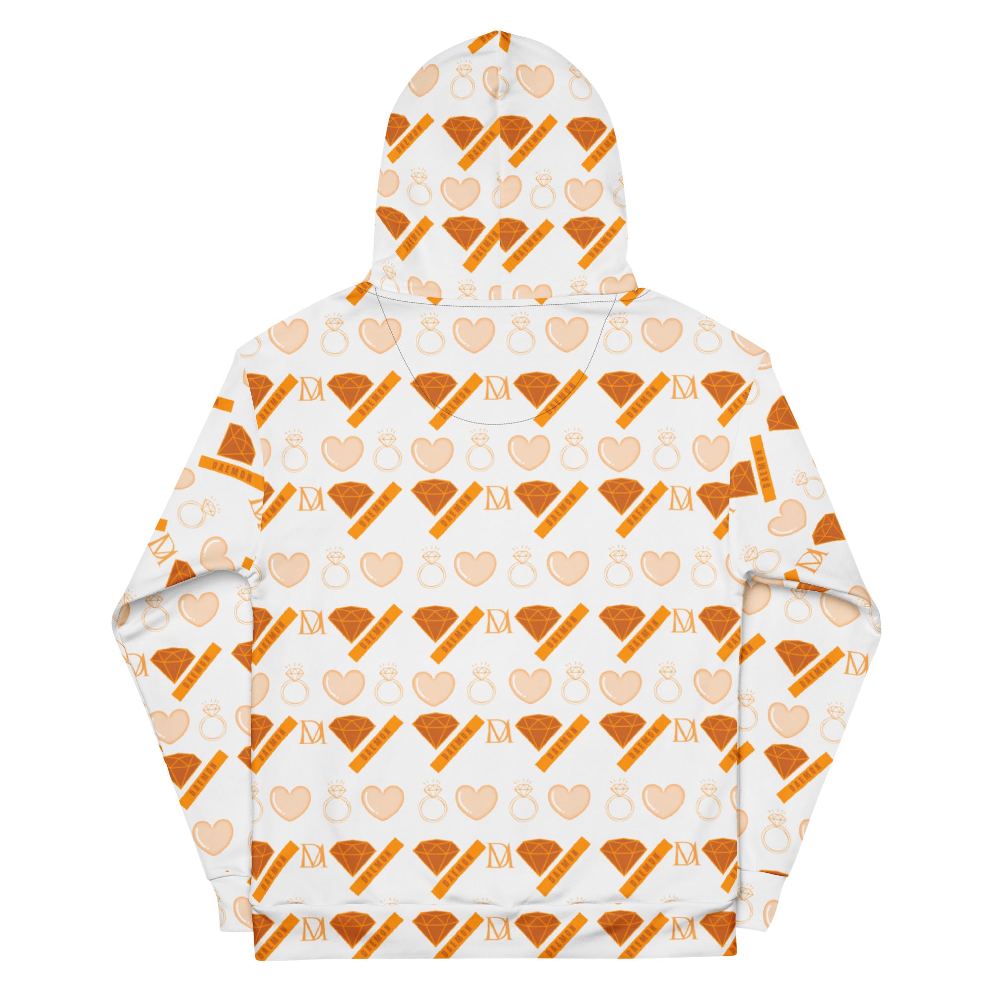 Unisex white hoodie with all-over Gloomy Runner Lunar Mari print by Daemon, featuring a hood and recycled fabric design.
