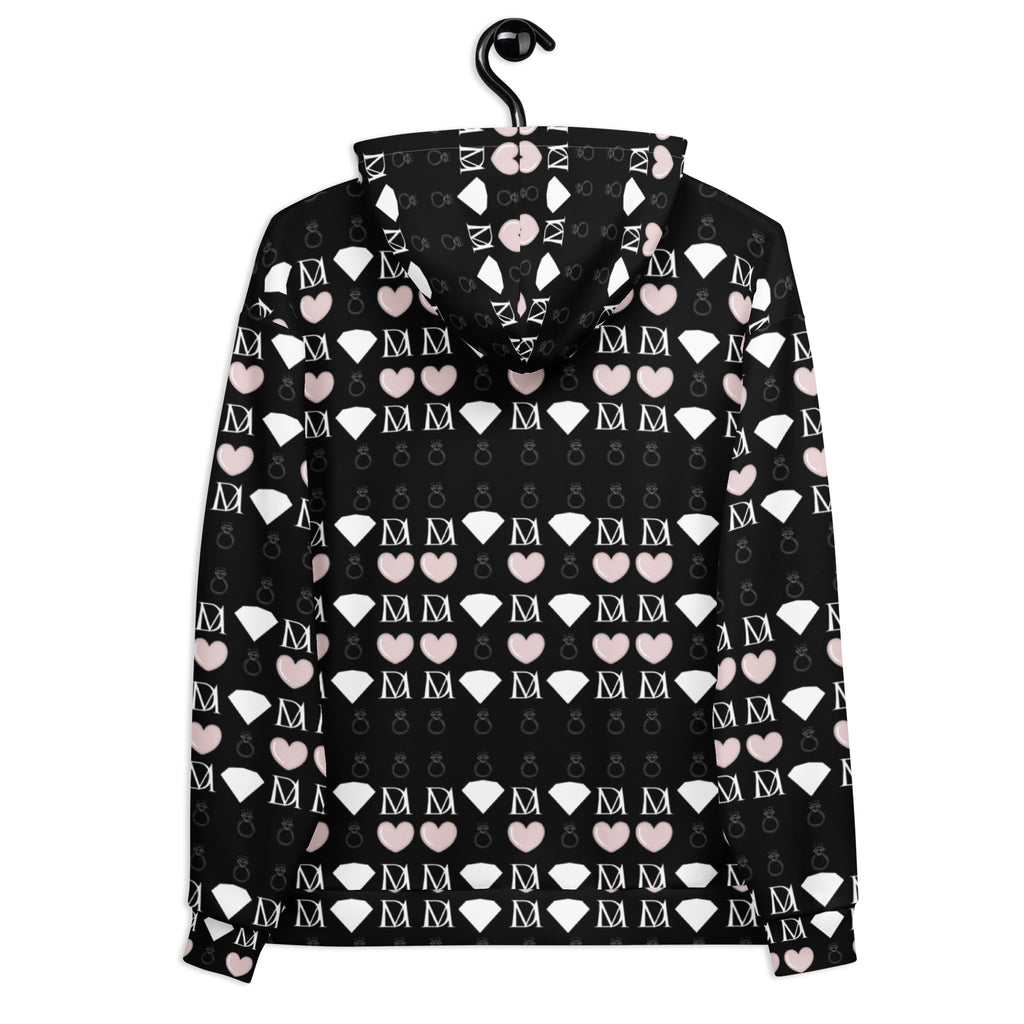 Daemon Frosted Diamonds Love Lock unisex hoodie with all-over recycled print, white background and hood design.