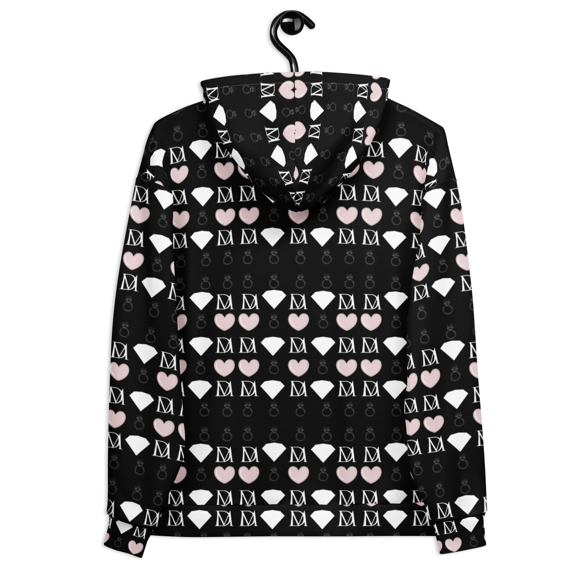 Daemon Frosted Diamonds Love Lock unisex hoodie with all-over recycled print, white background and hood design.