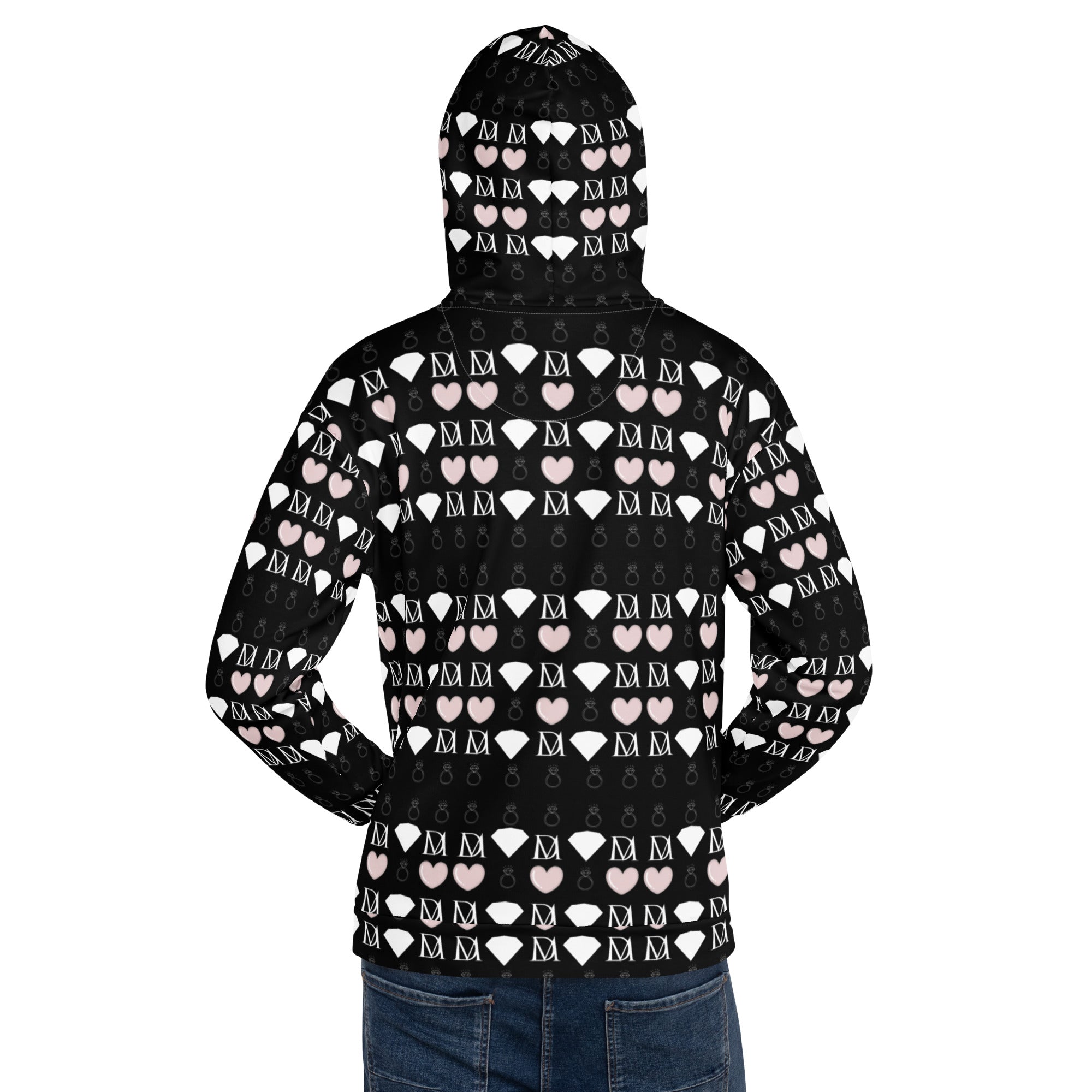 Daemon Frosted Diamonds Love Lock unisex hoodie with all-over recycled print in white, featuring diamond and love lock designs.