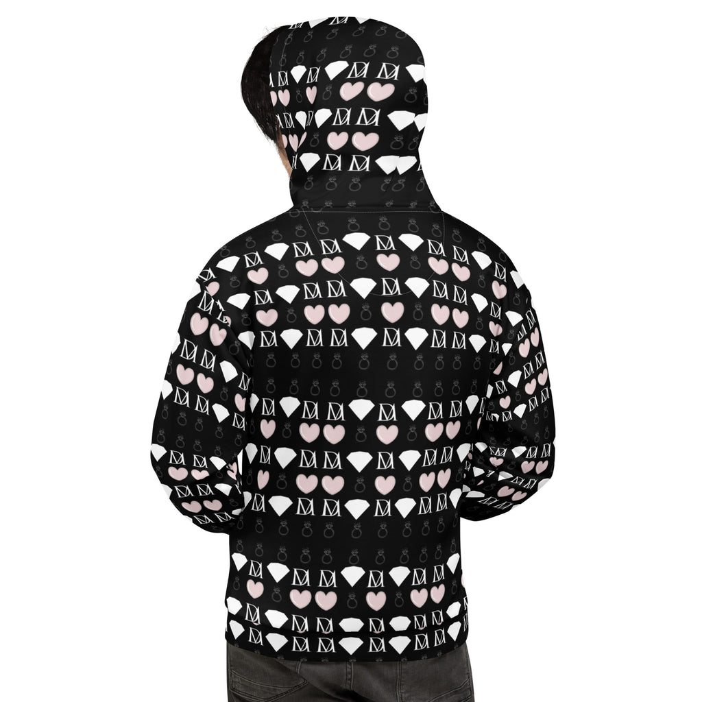 Recycled white unisex hoodie featuring all-over-print frosted diamond love lock design by Daemon.