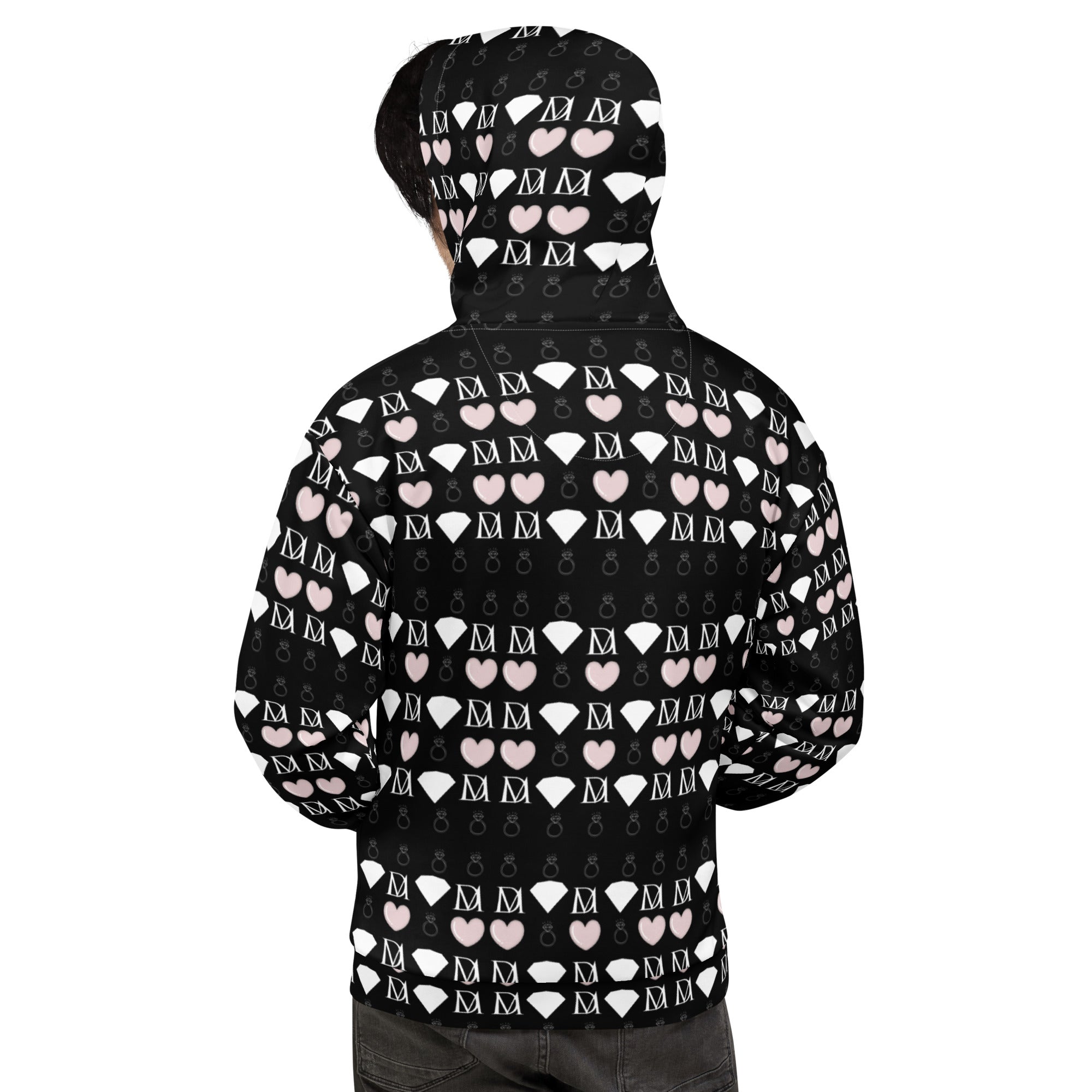 Recycled white unisex hoodie featuring all-over-print frosted diamond love lock design by Daemon.