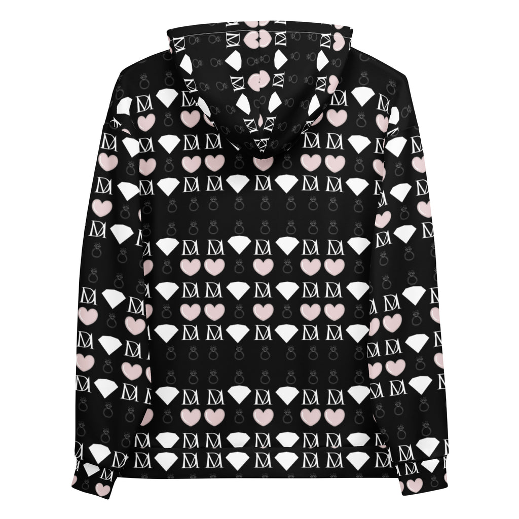 White Daemon Frosted Diamonds Love Lock unisex hoodie with all-over recycled print and hood, front and back views.