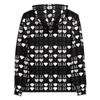 White Daemon Frosted Diamonds Love Lock unisex hoodie with all-over recycled print and hood, front and back views.