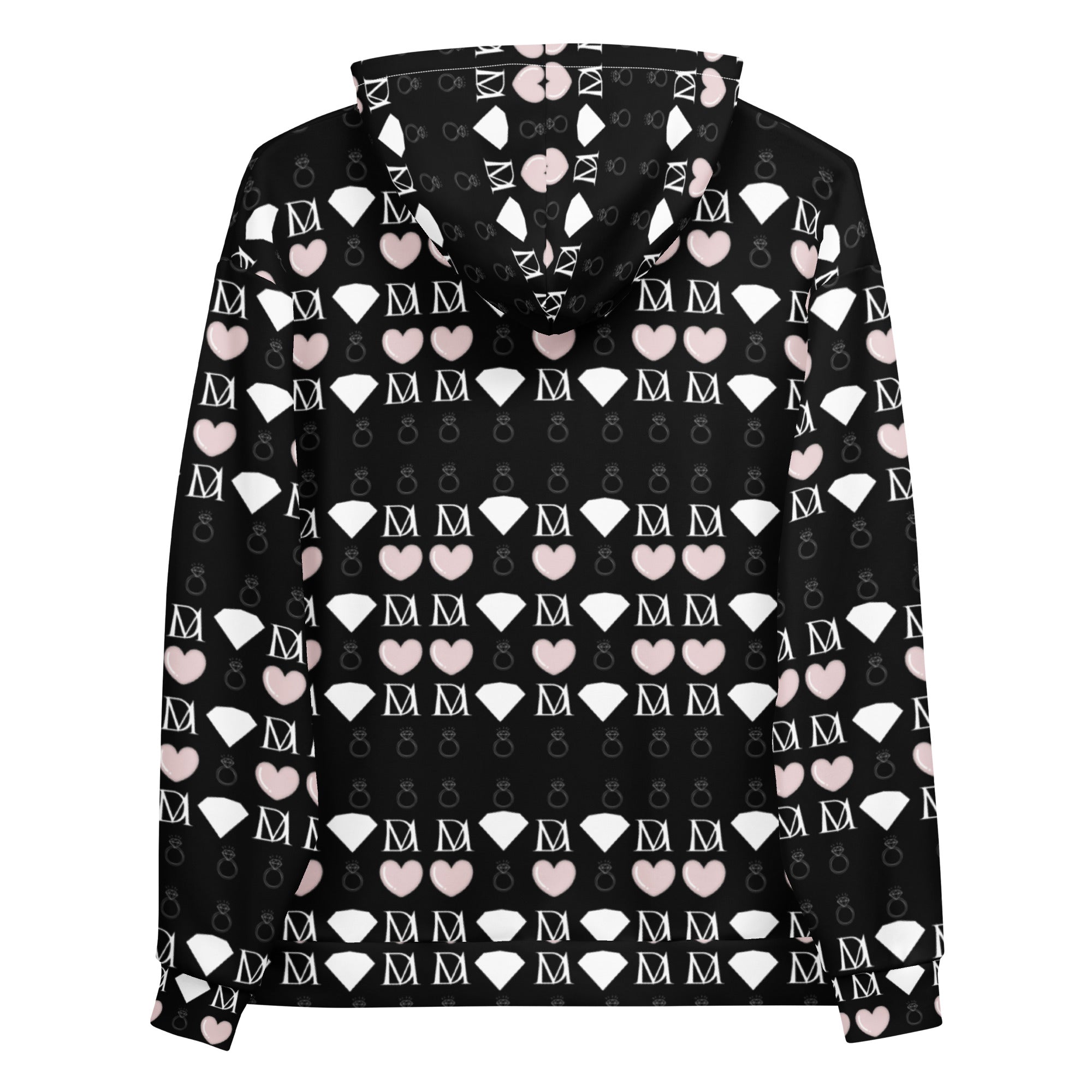 White Daemon Frosted Diamonds Love Lock unisex hoodie with all-over recycled print and hood, front and back views.