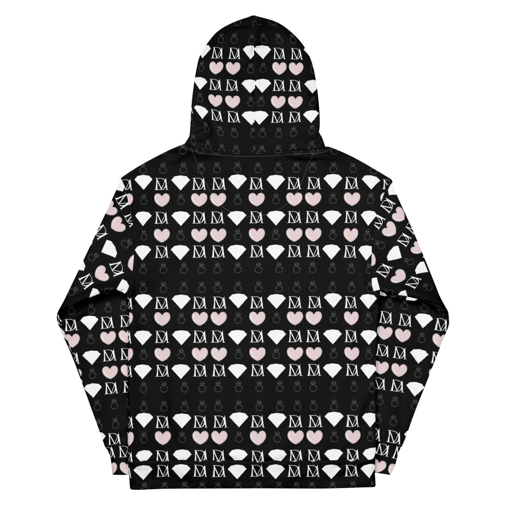 Unisex white hoodie with all-over printed frosted diamond love lock design by Daemon, featuring a cozy hood and casual fit.