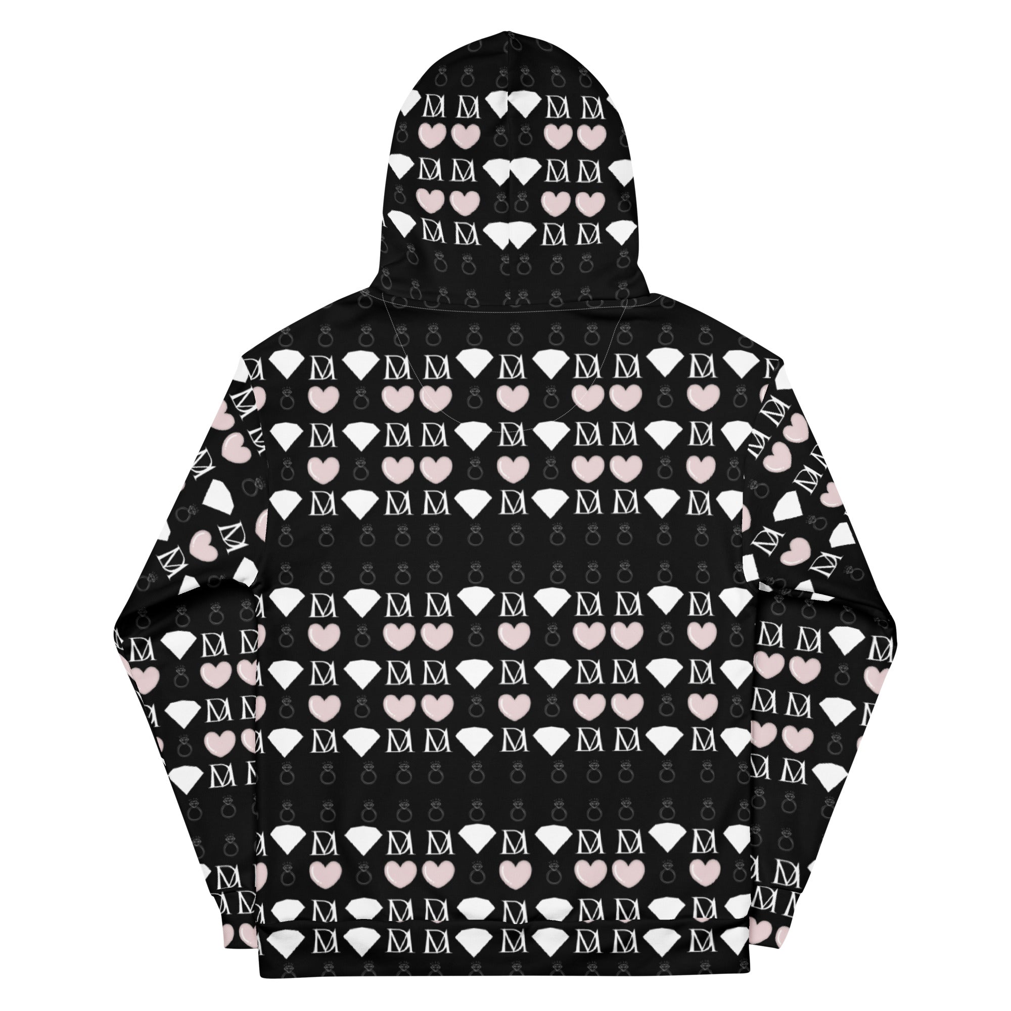 Unisex white hoodie with all-over printed frosted diamond love lock design by Daemon, featuring a cozy hood and casual fit.