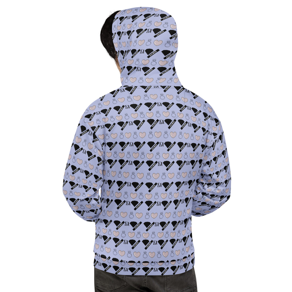 Daemon Gloomy Runners Lavished Valentino unisex hoodie with all-over recycled print, white background and hood design