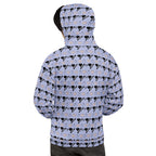 Daemon Gloomy Runners Lavished Valentino unisex hoodie with all-over recycled print, white background and hood design