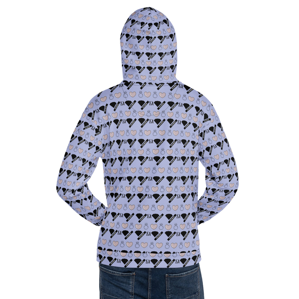 Daemon Gloomy Runners Lavished Valentino unisex hoodie with all-over white recycled print and hood, casual streetwear style.