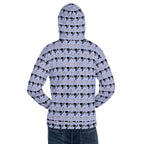 Daemon Gloomy Runners Lavished Valentino unisex hoodie with all-over white recycled print and hood, casual streetwear style.