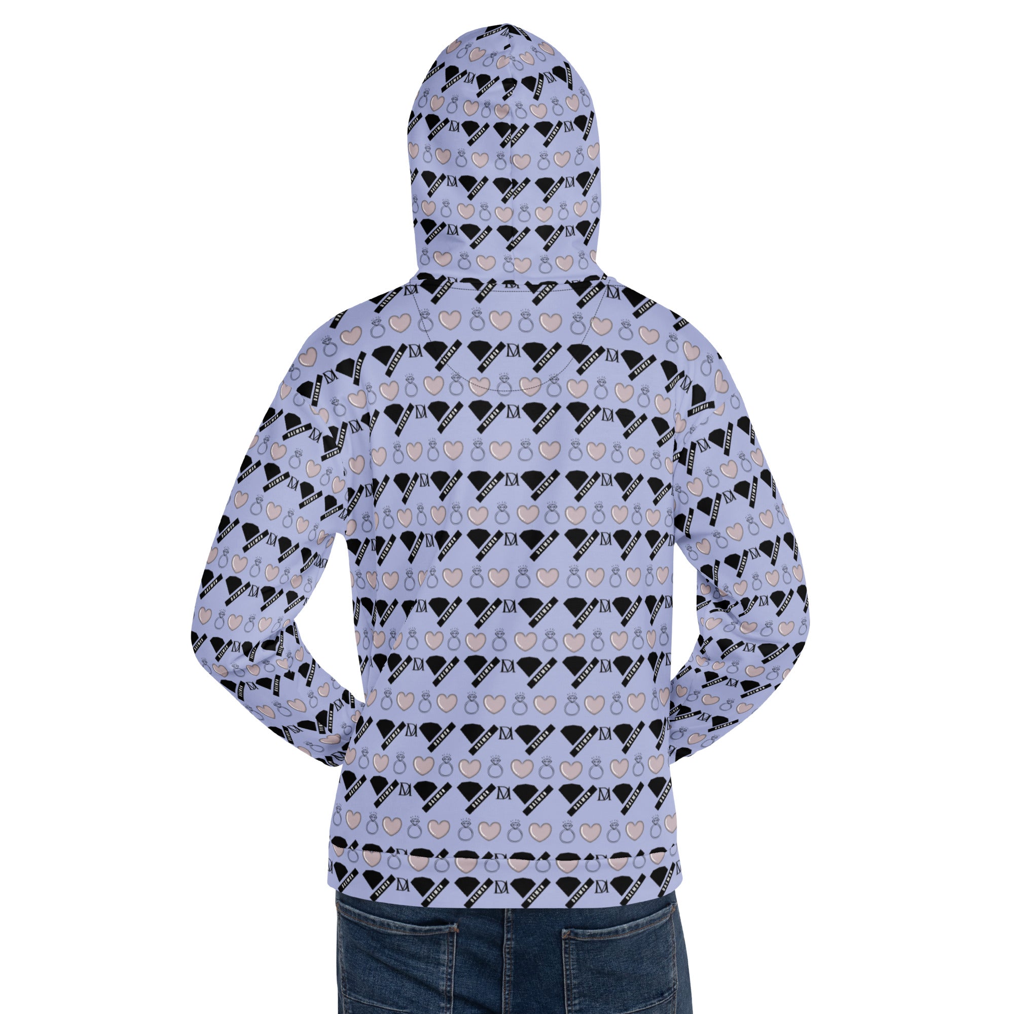 Daemon Gloomy Runners Lavished Valentino unisex hoodie with all-over white recycled print and hood, casual streetwear style.