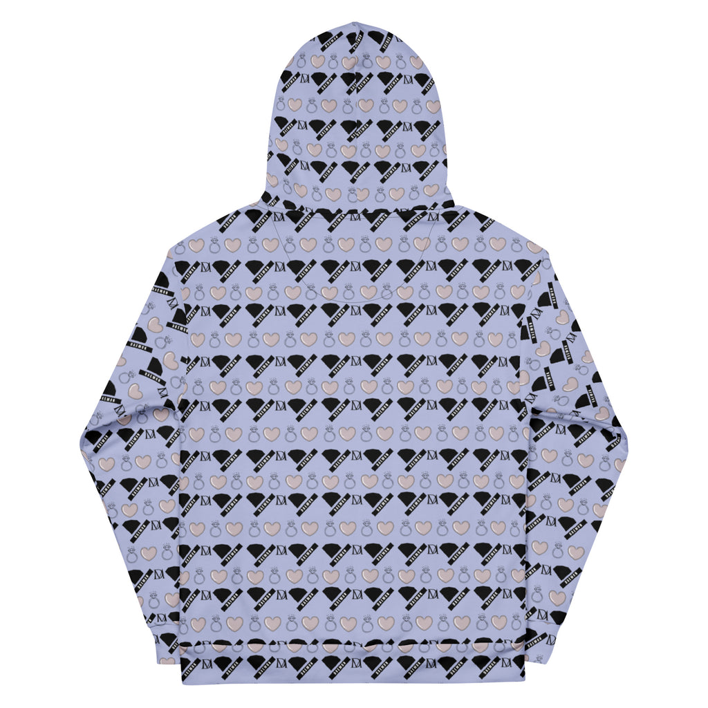 Unisex white hoodie with all-over Gloomy Runners Lavished Valentino print, featuring a hood and casual fit by Daemon.