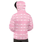 White unisex hoodie with all-over print of frosted diamonds and cotton candy design by Daemon, featuring a hood and casual style.