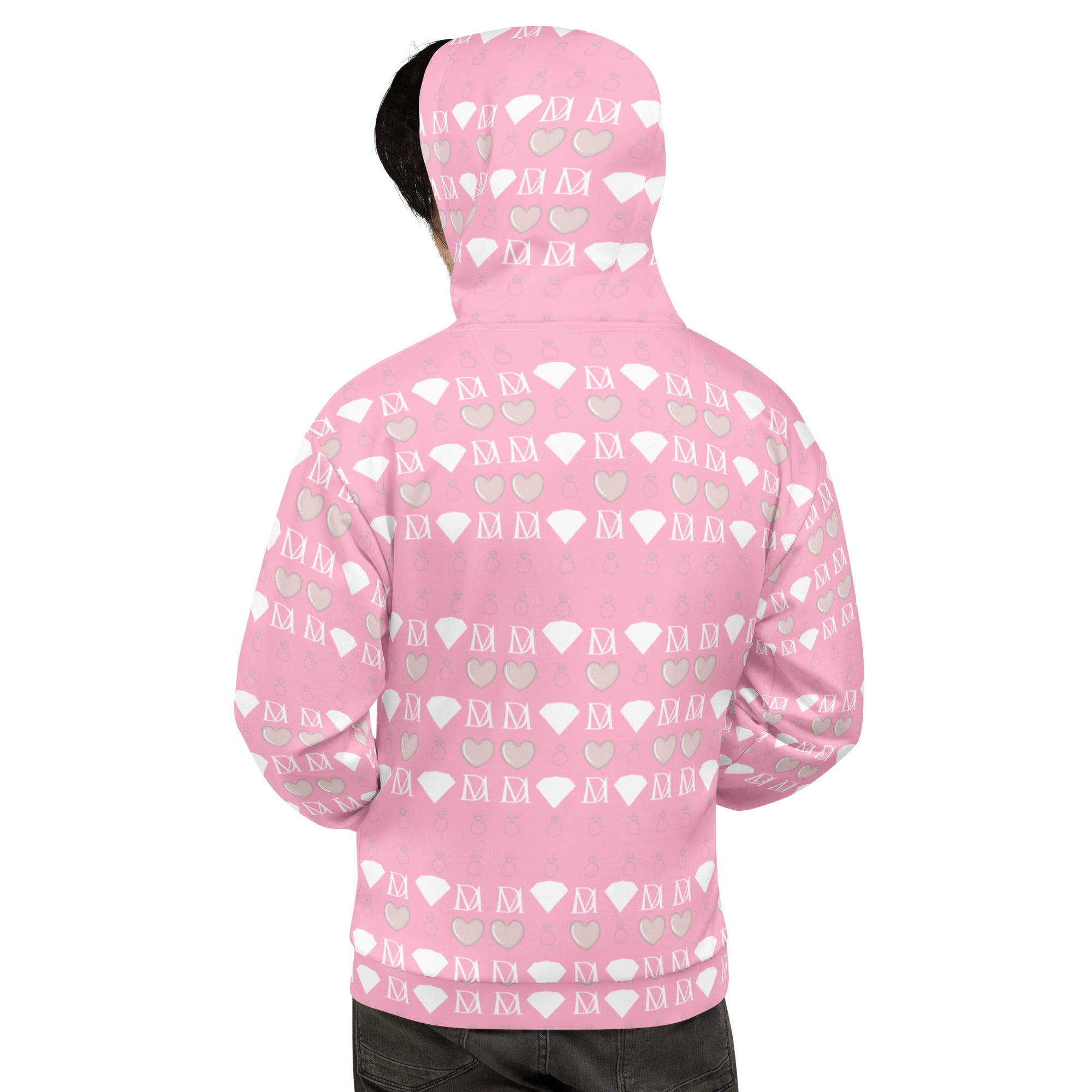 White unisex hoodie with all-over print of frosted diamonds and cotton candy design by Daemon, featuring a hood and casual style.