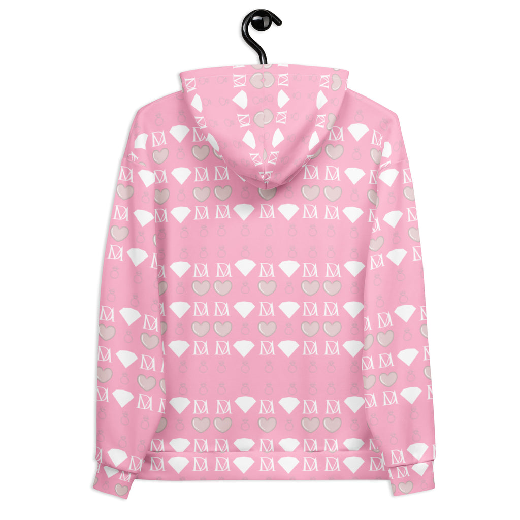 Daemon Frosted Diamonds cotton candy cinzel unisex hoodie with all-over print on white recycled fabric, back view.