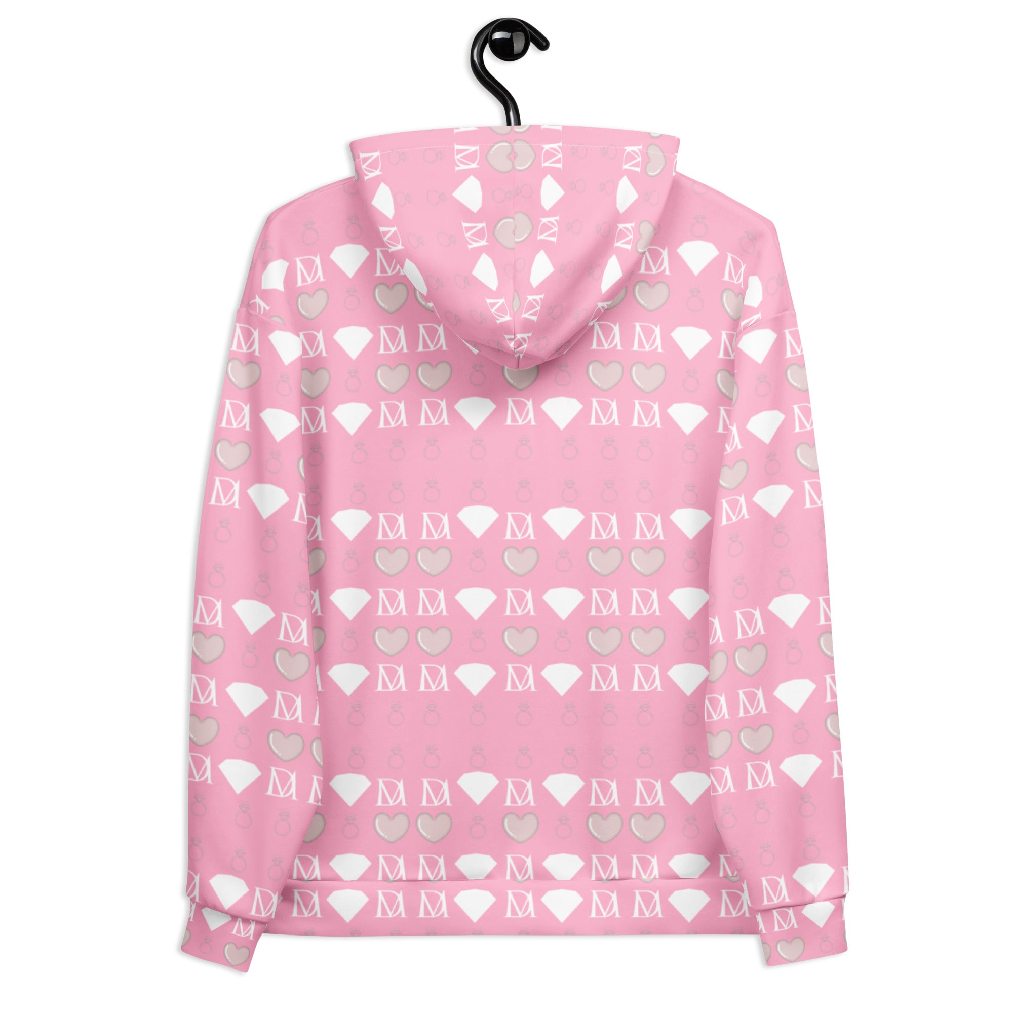 Daemon Frosted Diamonds cotton candy cinzel unisex hoodie with all-over print on white recycled fabric, back view.