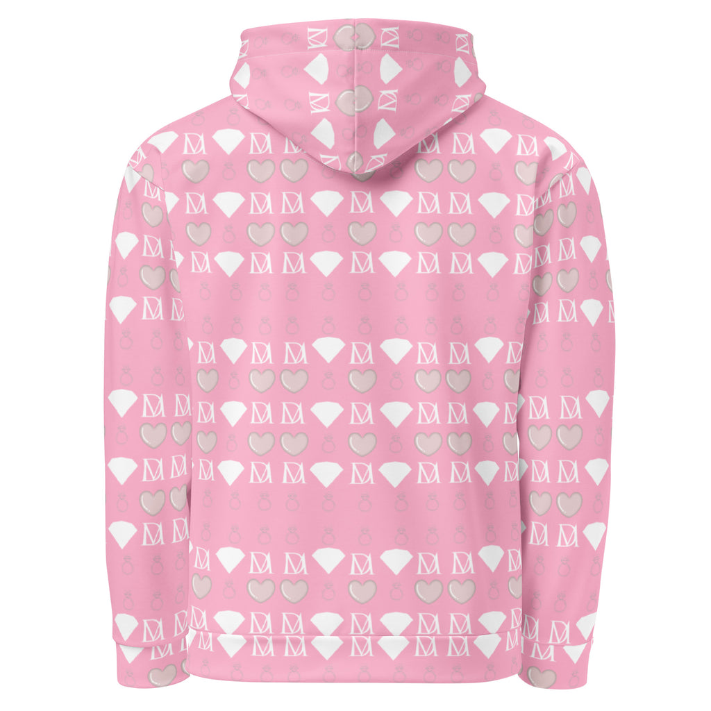 Daemon Frosted Diamonds cotton candy cinzel unisex hoodie with all-over print on white recycled fabric, front view.