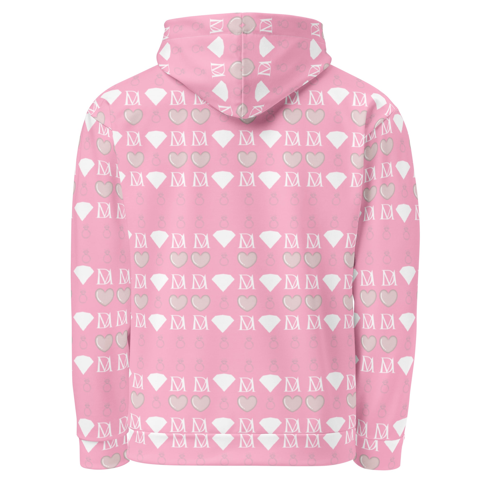 Daemon Frosted Diamonds cotton candy cinzel unisex hoodie with all-over print on white recycled fabric, front view.
