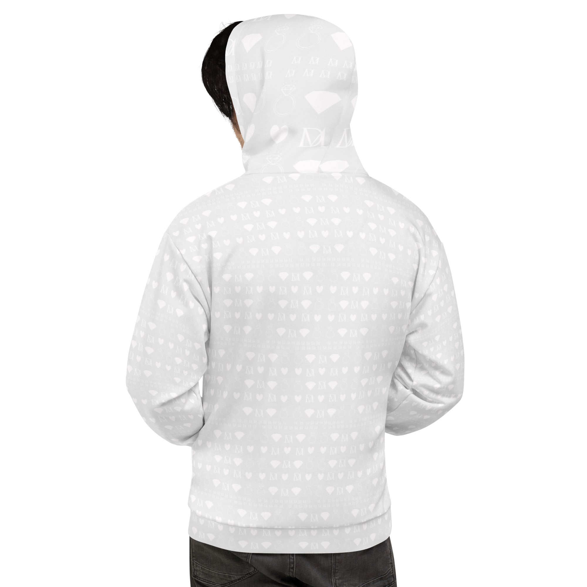 Daemon Frosted Diamonds Artica unisex recycled hoodie with all-over white print and hood, stylish and eco-friendly casual wear.