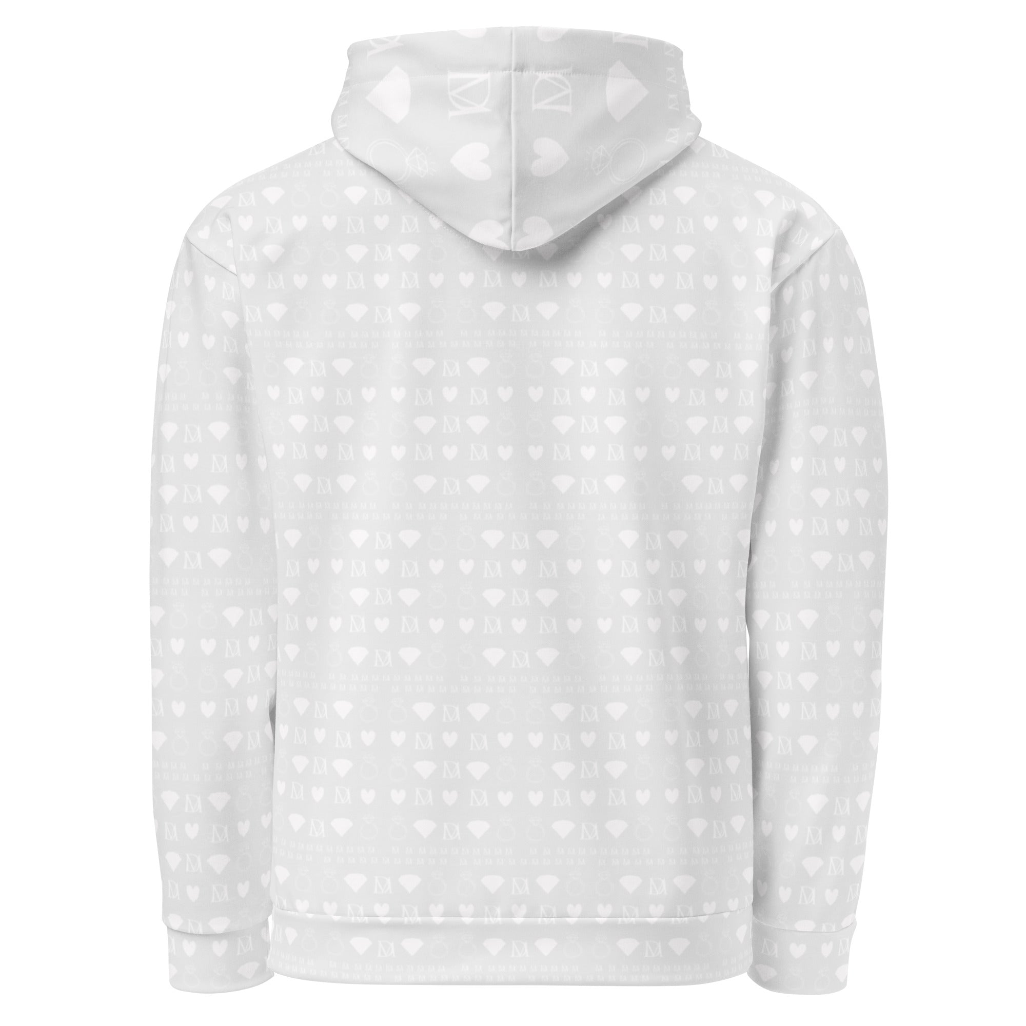 Unisex white hoodie featuring frosted diamond art design by Daemon, with all-over recycled print and hood.