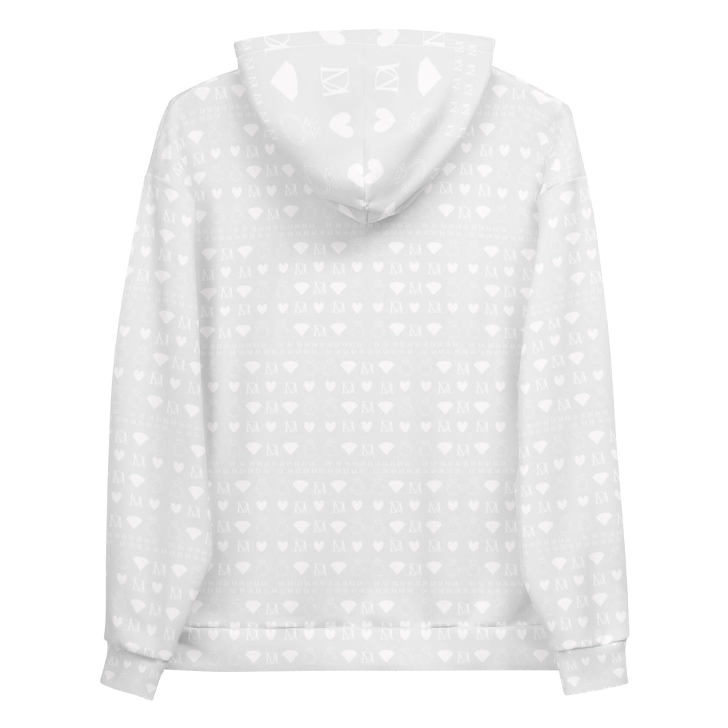 Daemon Frosted Diamonds Artica unisex hoodie with all-over white recycled print and hood, stylish casual streetwear.