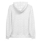 Daemon Frosted Diamonds Artica unisex hoodie with all-over white recycled print and hood, stylish casual streetwear.