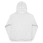 Unisex white hoodie with all-over frosted diamond Artica print by Daemon, featuring a hood and recycled fabric design.