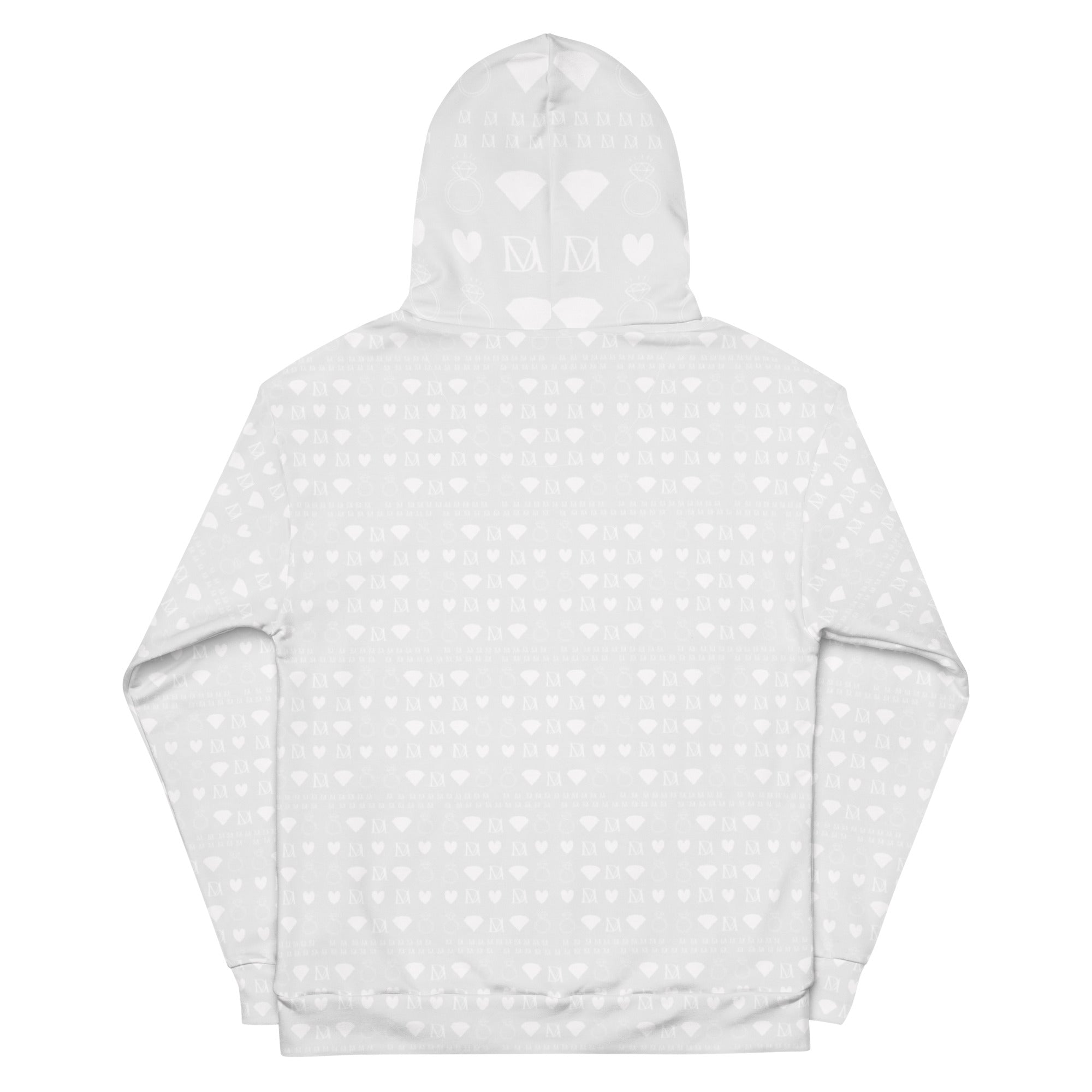 Unisex white hoodie with all-over frosted diamond Artica print by Daemon, featuring a hood and recycled fabric design.