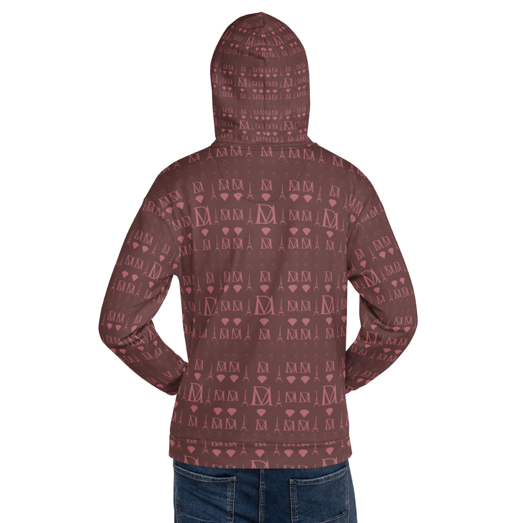 Recycled white unisex hoodie with all-over Dim Horizon print and hood, from Daemon brand.