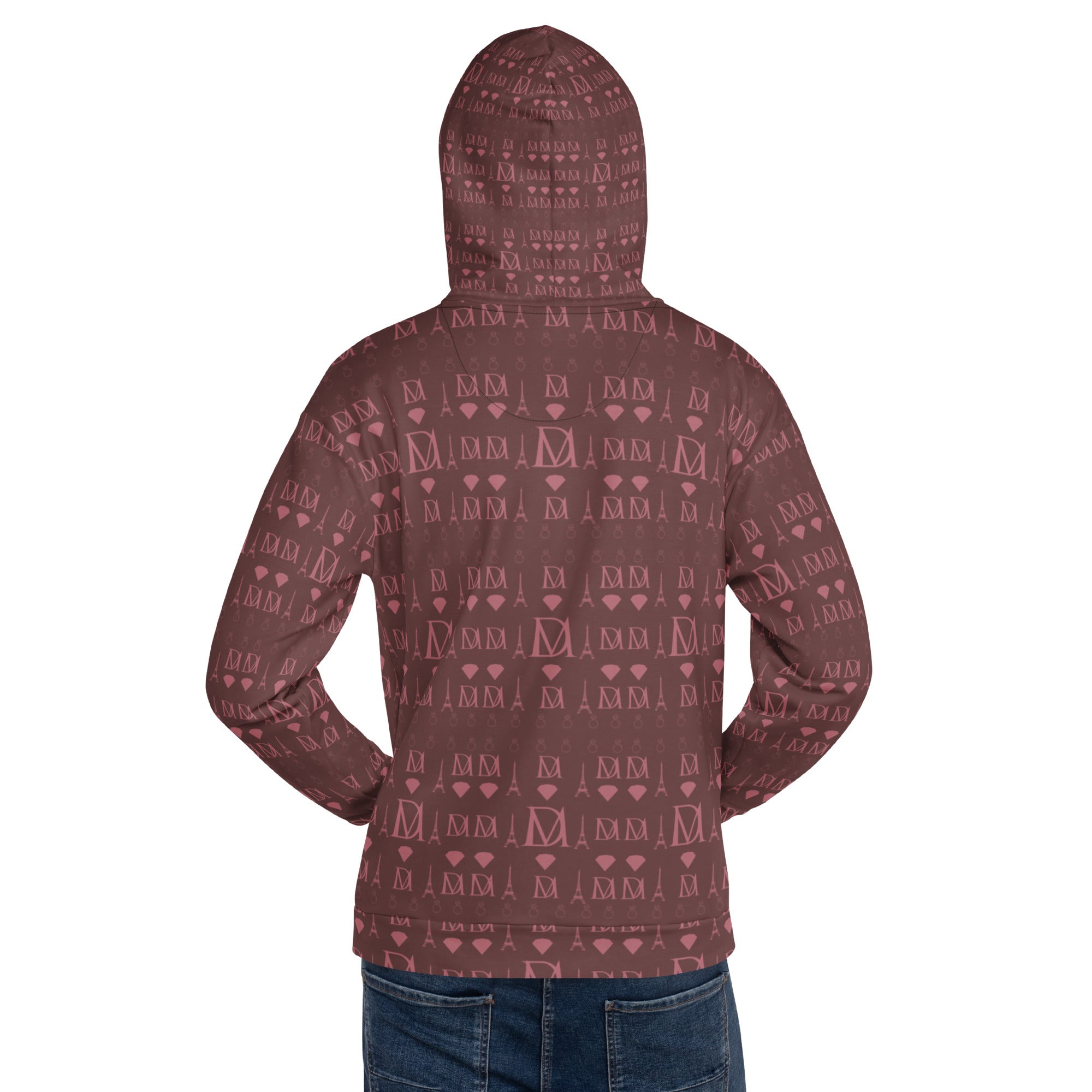Recycled white unisex hoodie with all-over Dim Horizon print and hood, from Daemon brand.