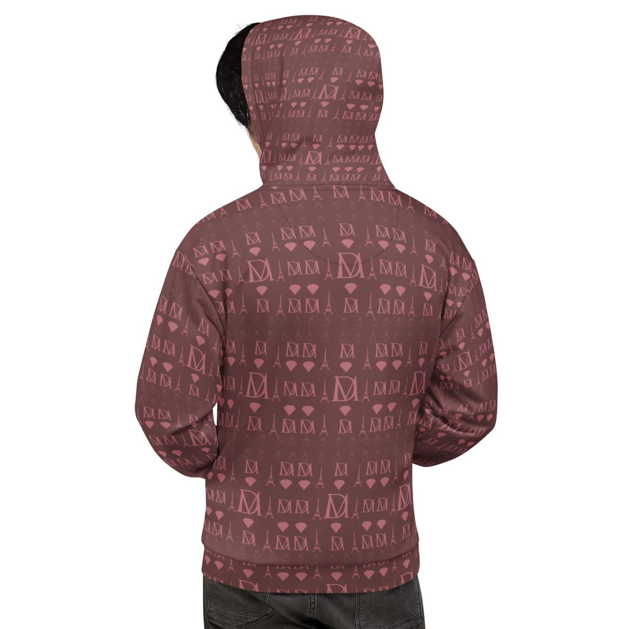Recycled white Daemon Dim Horizon unisex hoodie with all-over print, featuring a cozy hood and vibrant graphic design.