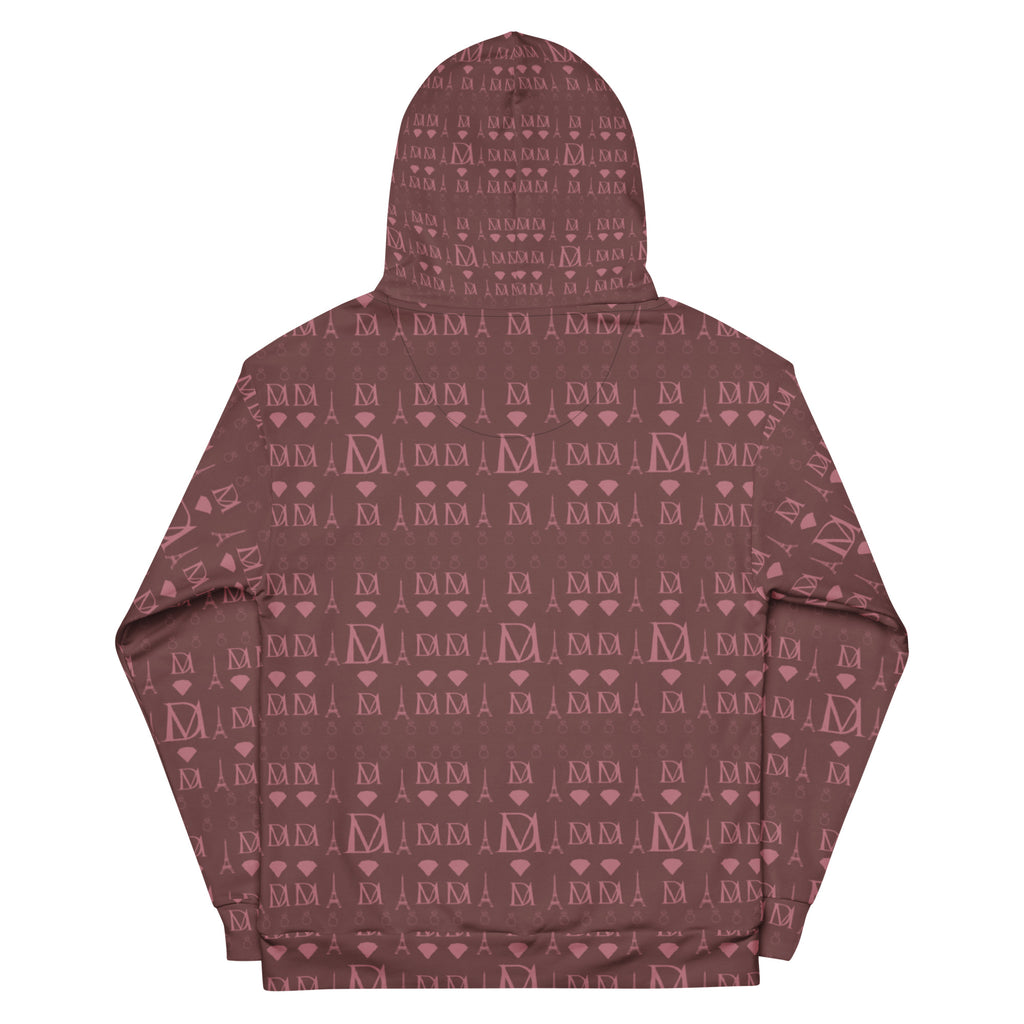 Recycled white unisex hoodie with Dim Horizon all-over print and hood, designed by Daemon.