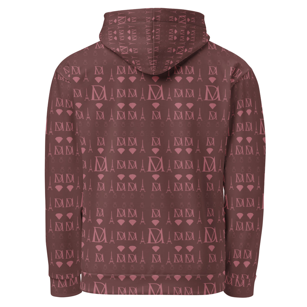 Recycled white unisex hoodie with all-over Dim Horizon print and hood, by Daemon.