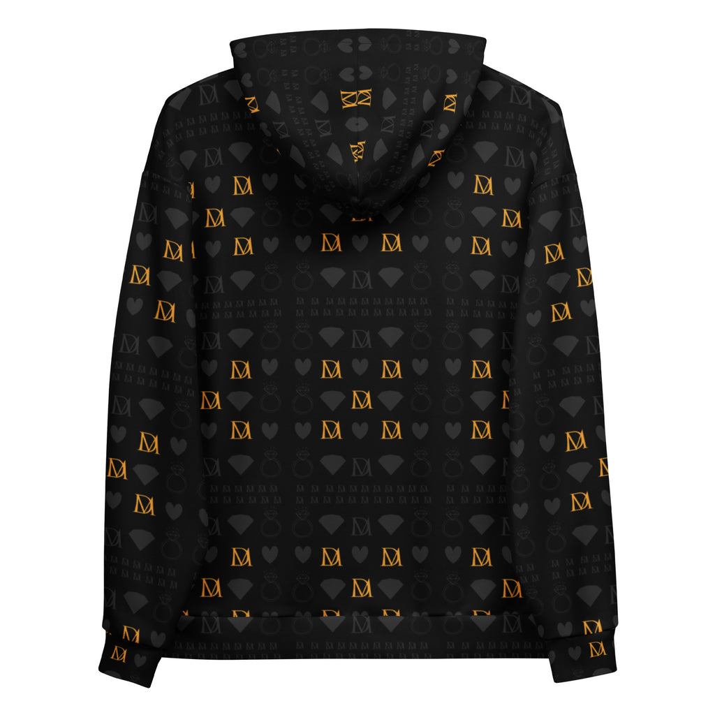 Recycled white unisex hoodie with all-over-print of frosted diamonds in gold on the back, by Daemon.