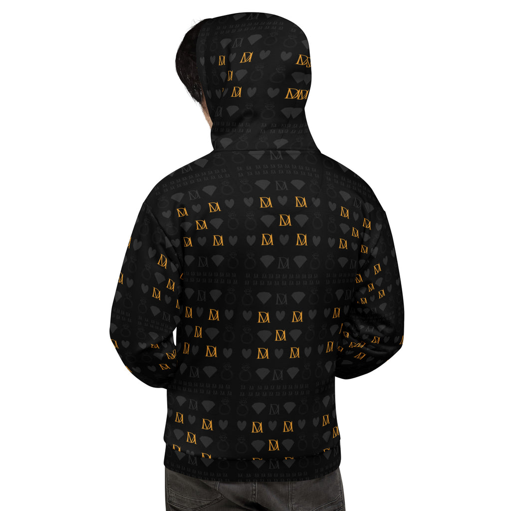 Unisex white hoodie with all-over print of frosted diamonds in gold tender by Daemon, featuring a cozy hood and recycled fabric.