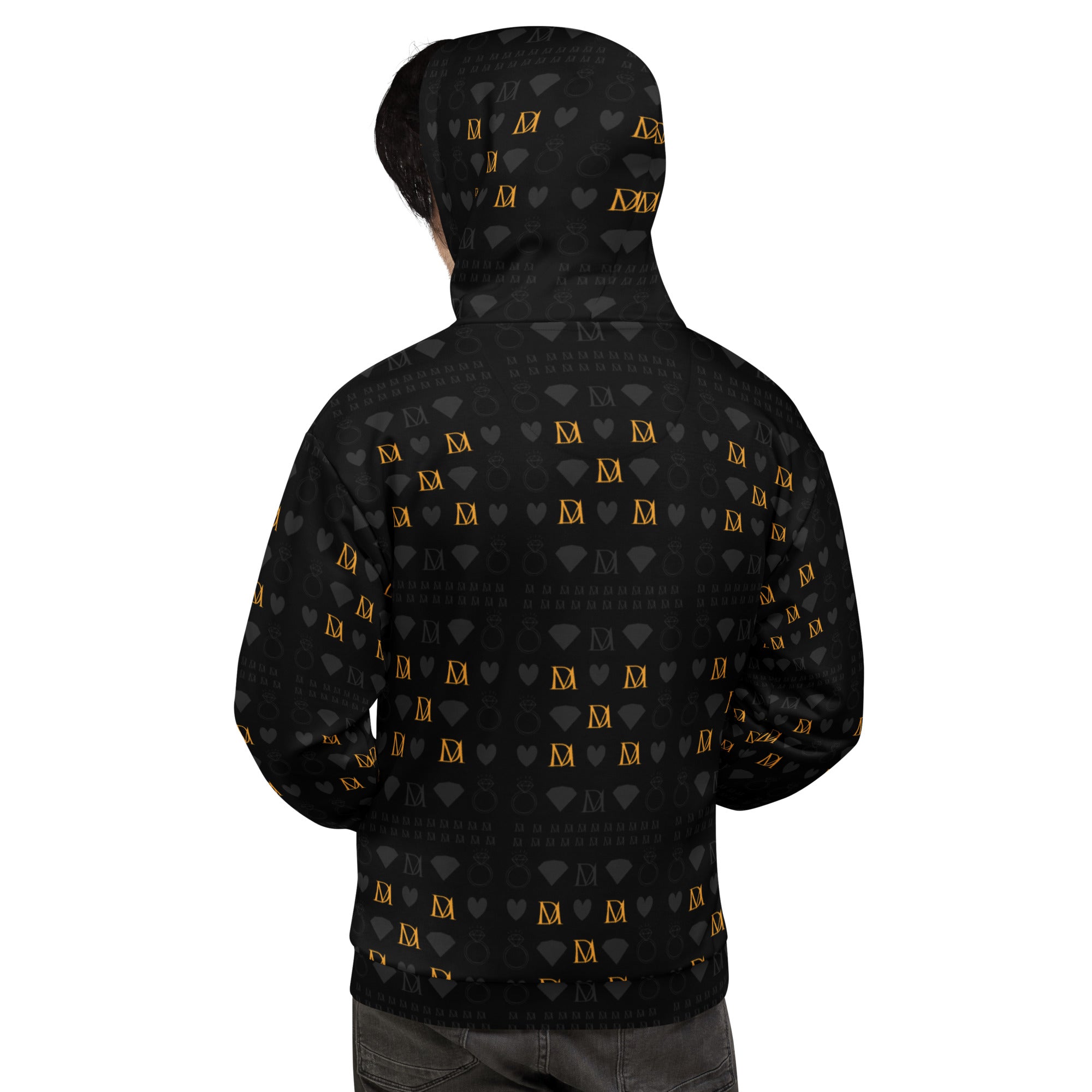 Unisex white hoodie with all-over print of frosted diamonds in gold tender by Daemon, featuring a cozy hood and recycled fabric.
